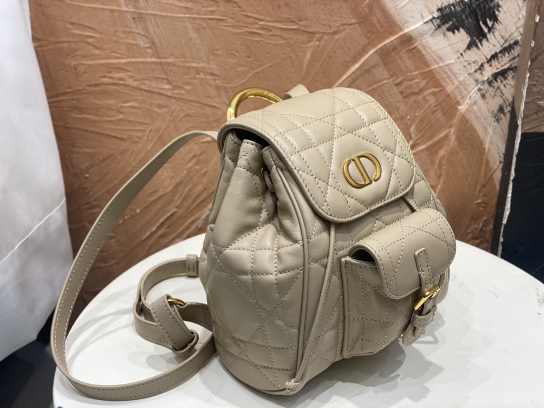 Small Dior Caro Backpack Powder Beige Macrocannage Lambskin